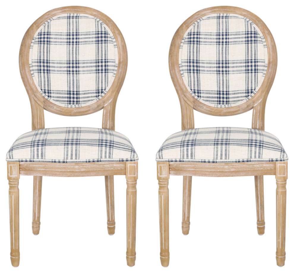 Lariya French Country Fabric Dining Chairs (Set of 2), Dark Blue Plaid + Natural, Two (2) Dining Chairs