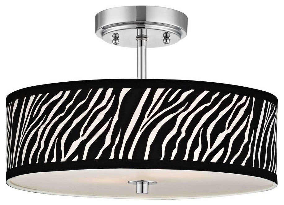 Chrome Ceiling Light with Zebra Print Drum Shade - 16 Inches Wide