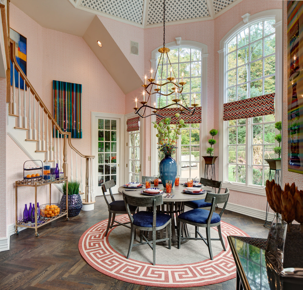 Mid-sized eclectic kitchen/dining combo in New York with orange walls, dark hardwood floors and no fireplace.