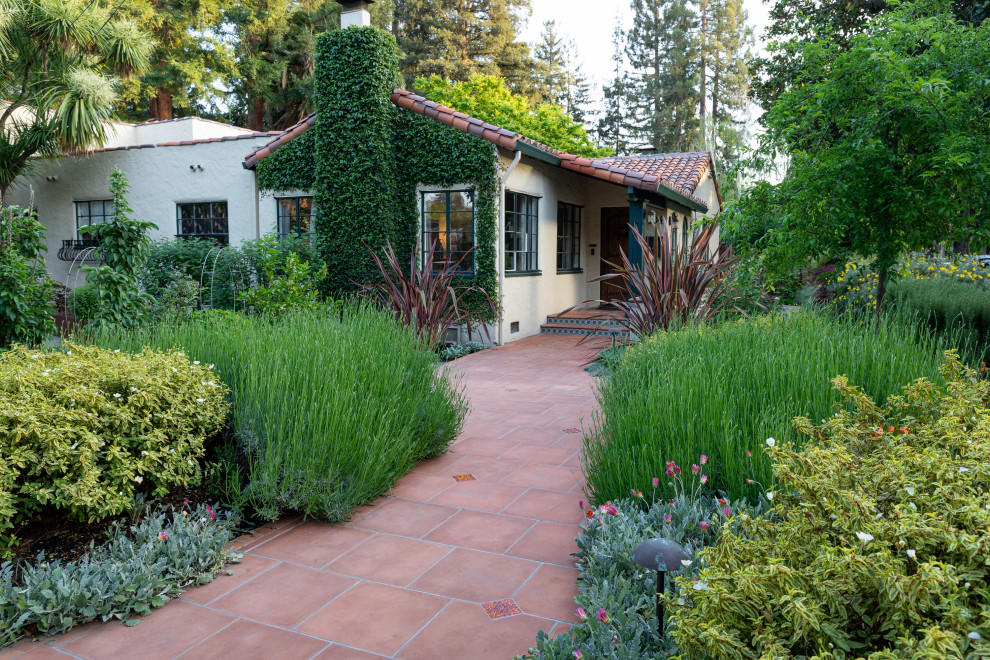 Inspiration for a mid-sized mediterranean front yard full sun xeriscape for summer in San Francisco with with path and brick pavers.