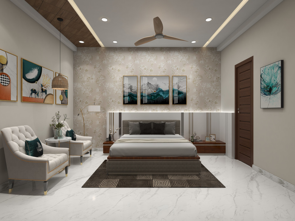 Стильный дизайн: большая гостевая спальня (комната для гостей) в современном стиле с бежевыми стенами, полом из керамогранита, белым полом, деревянным потолком и обоями на стенах - последний тренд