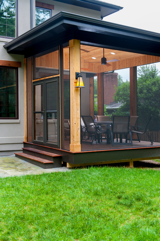 Small trendy screened-in back porch photo in DC Metro with decking