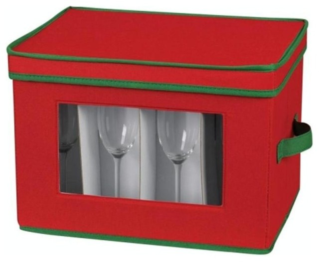 Home Essentials Holiday Stemware Chest, Flute Red With Green Trim