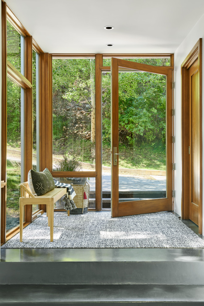 На фото: фойе в современном стиле с одностворчатой входной дверью, стеклянной входной дверью и серым полом с