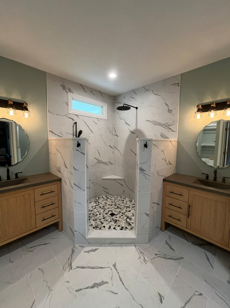 Modern Bathroom with Dual Vanities and Walk-In Shower