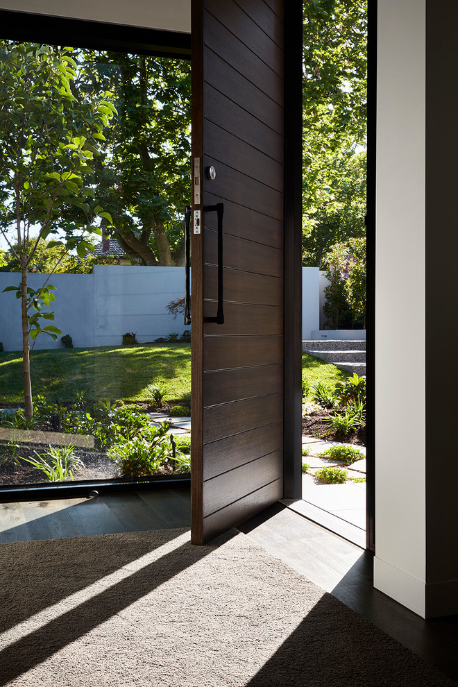 Inspiration for a contemporary entryway in Melbourne with white walls, dark hardwood floors, a single front door, a dark wood front door and brown floor.