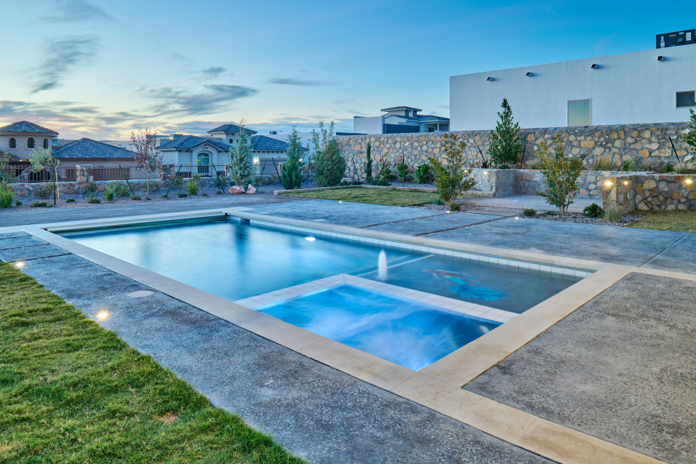 Medium sized contemporary back rectangular natural swimming pool in Other with with pool landscaping and concrete slabs.
