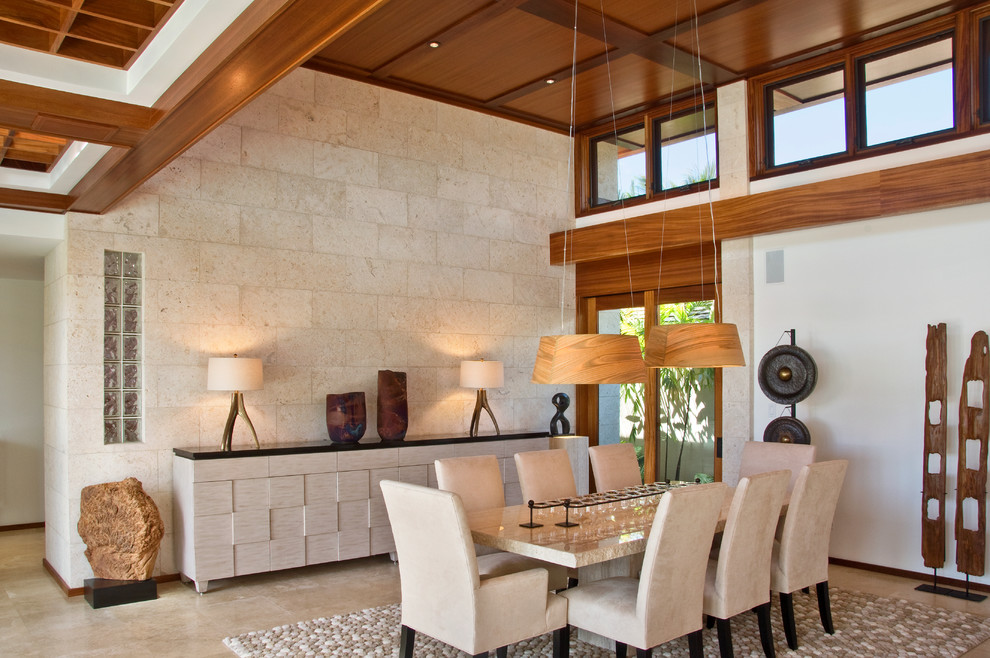 Mid-sized contemporary separate dining room in Hawaii with white walls, travertine floors and beige floor.