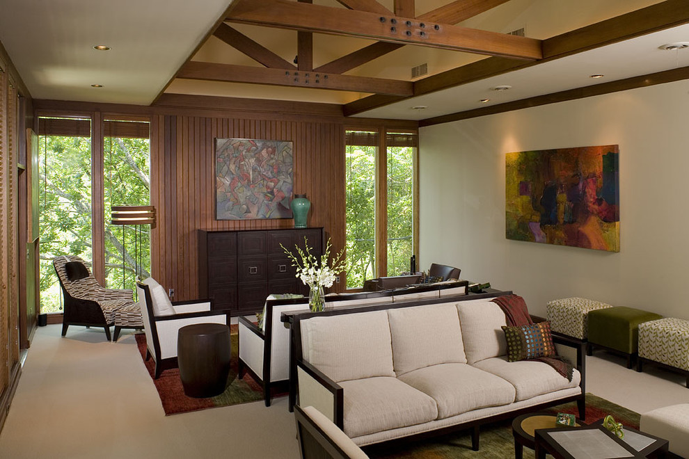 This is an example of an expansive contemporary formal living room in Austin with beige walls.