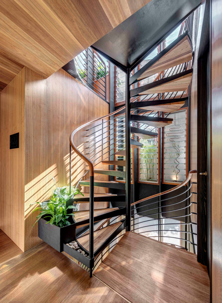 Staircase in Sydney with wood walls.