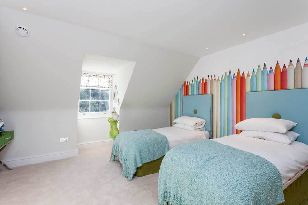 Transitional gender-neutral kids' bedroom in London with white walls and carpet for kids 4-10 years old.