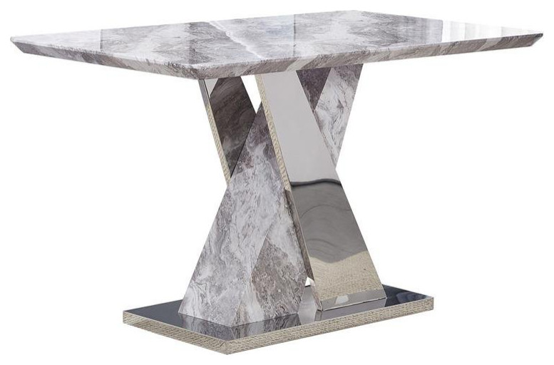 White Faux Marble Counterheight Dining Table with Stainless Steel Base