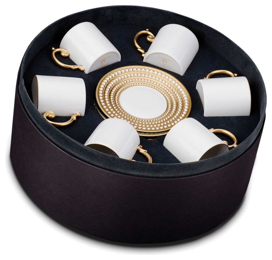 L'Objet PR256  Perlee Gold Espresso Cup and Saucer Gift Box, Set of 6