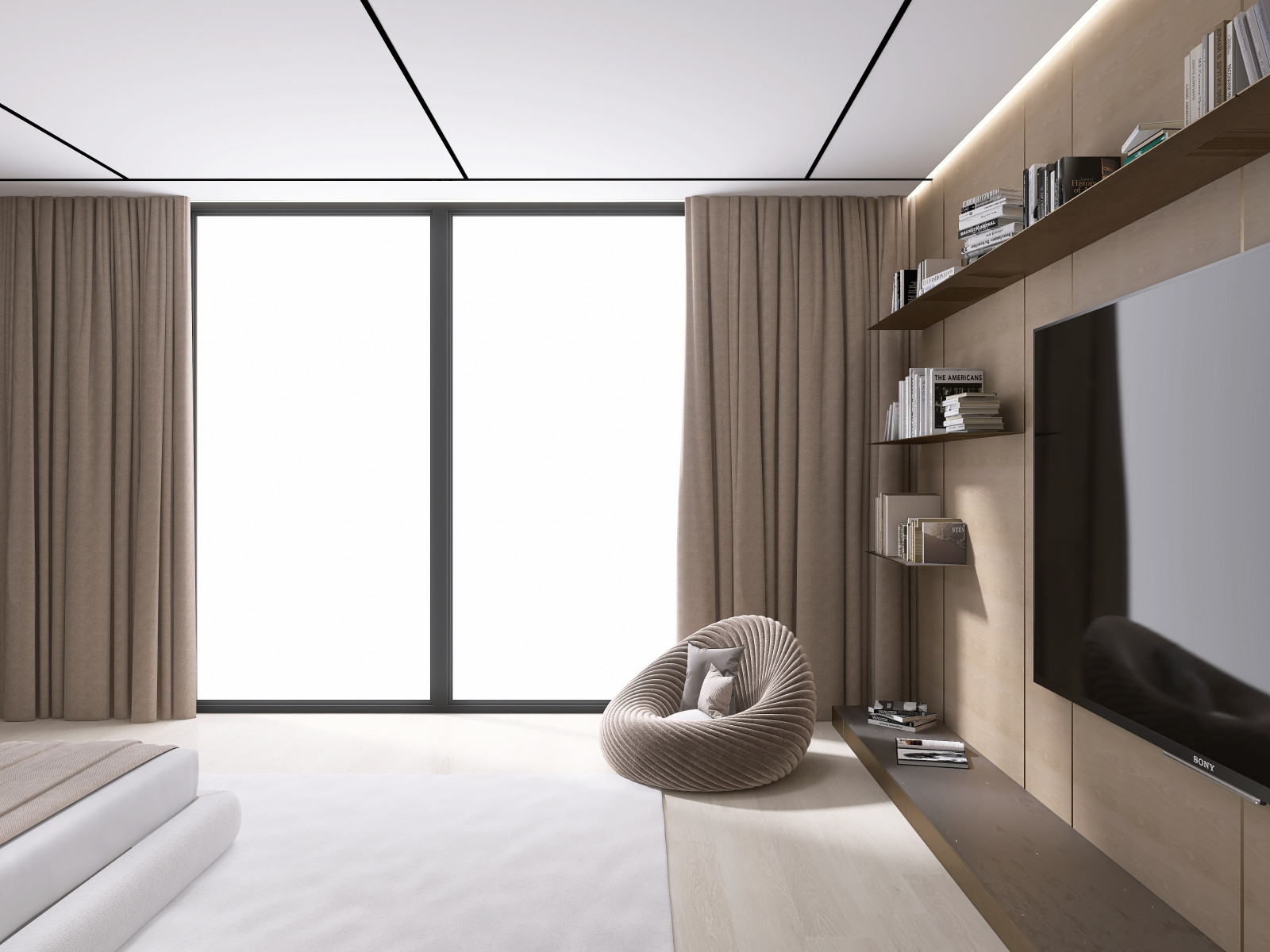 Мастер-блок с собственным гардеробом, необычным полками для книг и ковром на всю