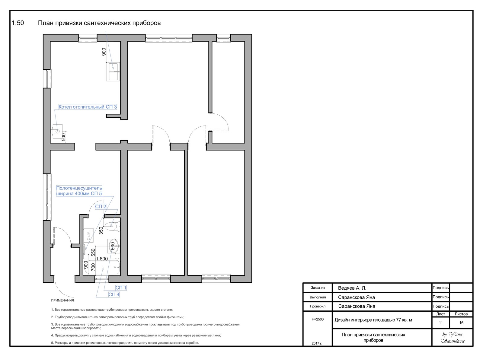 Рабочая документация для дизайн-проекта интерьера площадью 77 кв. м