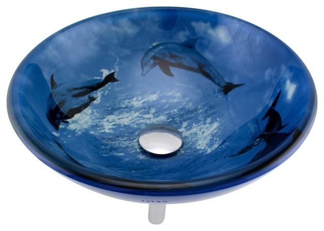 Tempered Glass Countertop Vessel Sink Blue Dolphin Round Bowl with Chrome Drain