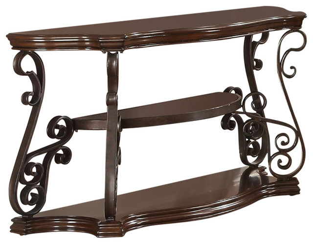 Benzara BM184902 Solid Sofa Table With Glass Inset,Metal Scrolls/2