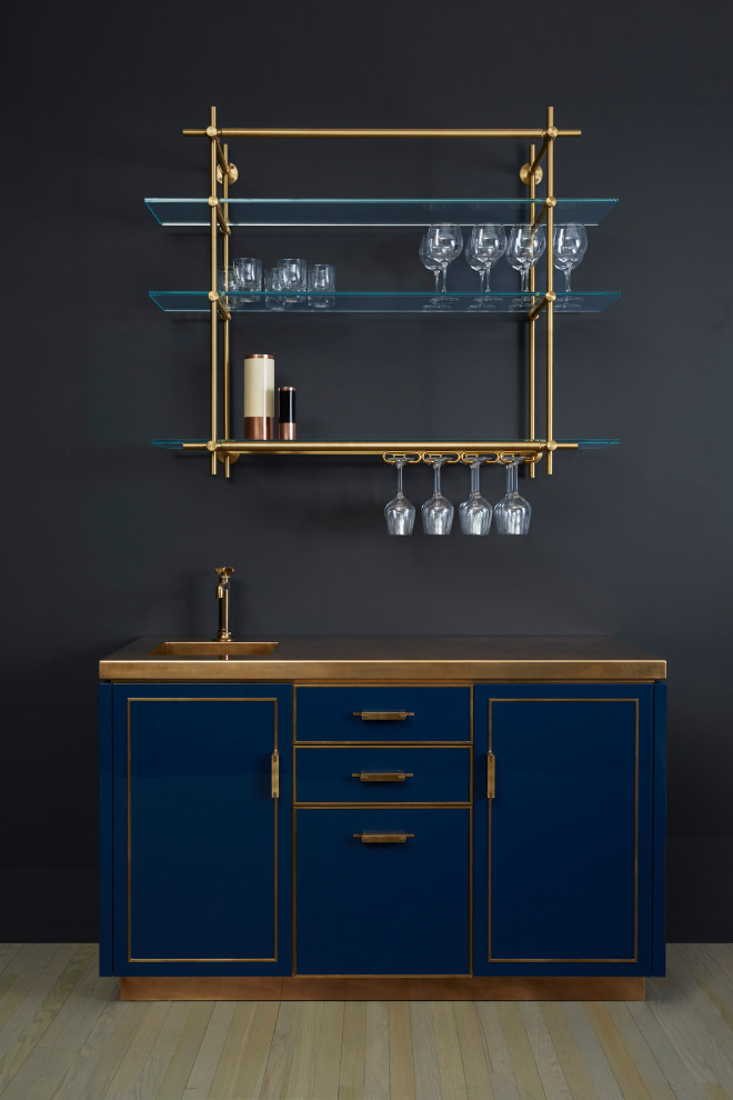 Design ideas for a small midcentury single-wall wet bar in New York with an integrated sink and blue cabinets.