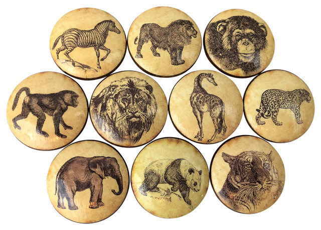 10 Piece Vintage Safari Animals Print Wood Cabinet Knobs Set
