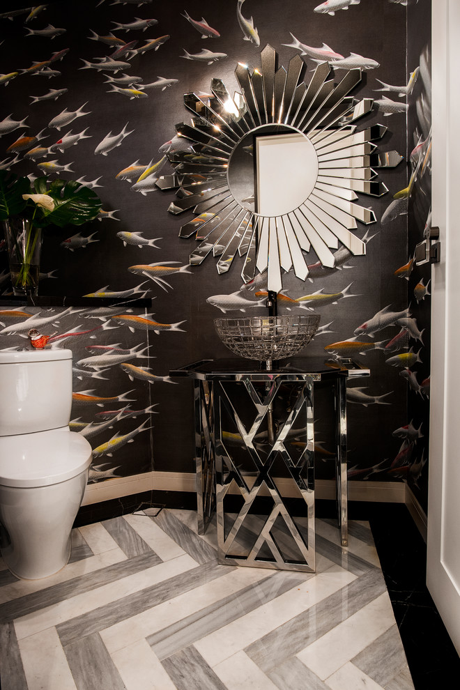 Design ideas for a contemporary powder room in Singapore with a one-piece toilet, gray tile, black walls, marble floors, a pedestal sink and stainless steel benchtops.