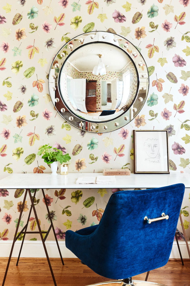 Study room - mid-sized transitional freestanding desk medium tone wood floor and wallpaper study room idea in San Francisco