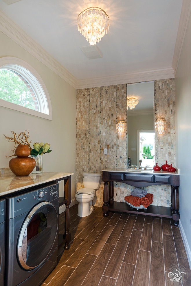 Inspiration for a traditional bathroom in Richmond with onyx benchtops, an undermount sink, a one-piece toilet, open cabinets and dark wood cabinets.