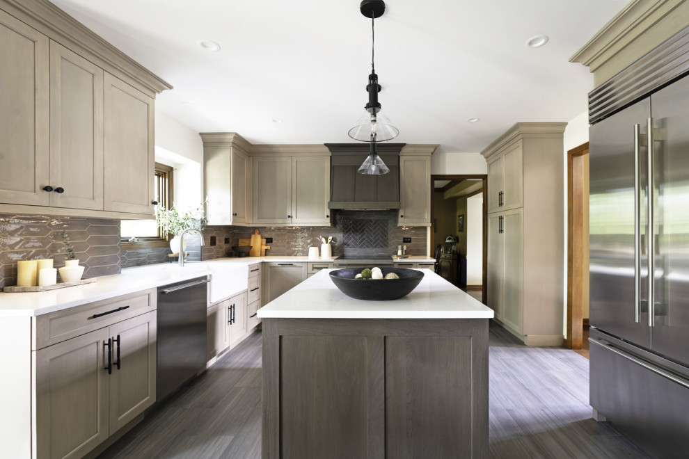 Eat-in kitchen - large transitional porcelain tile eat-in kitchen idea in Chicago with a farmhouse sink, recessed-panel cabinets, light wood cabinets, quartz countertops, gray backsplash, porcelain backsplash and an island