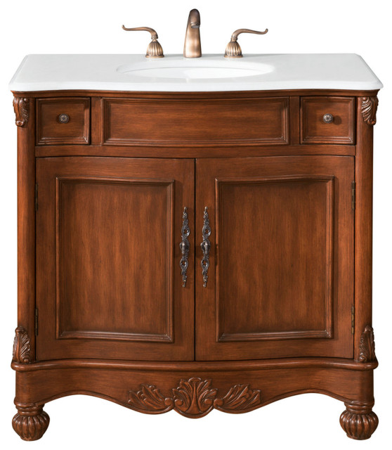 36" Single Bathroom Vanity, Brown With Ivory White Marble, Vf1047Vw