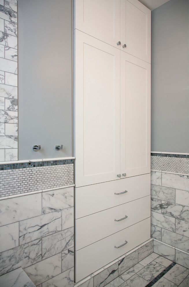 Inspiration for a mid-sized transitional master gray tile and stone tile marble floor bathroom remodel in Chicago with shaker cabinets, white cabinets and gray walls