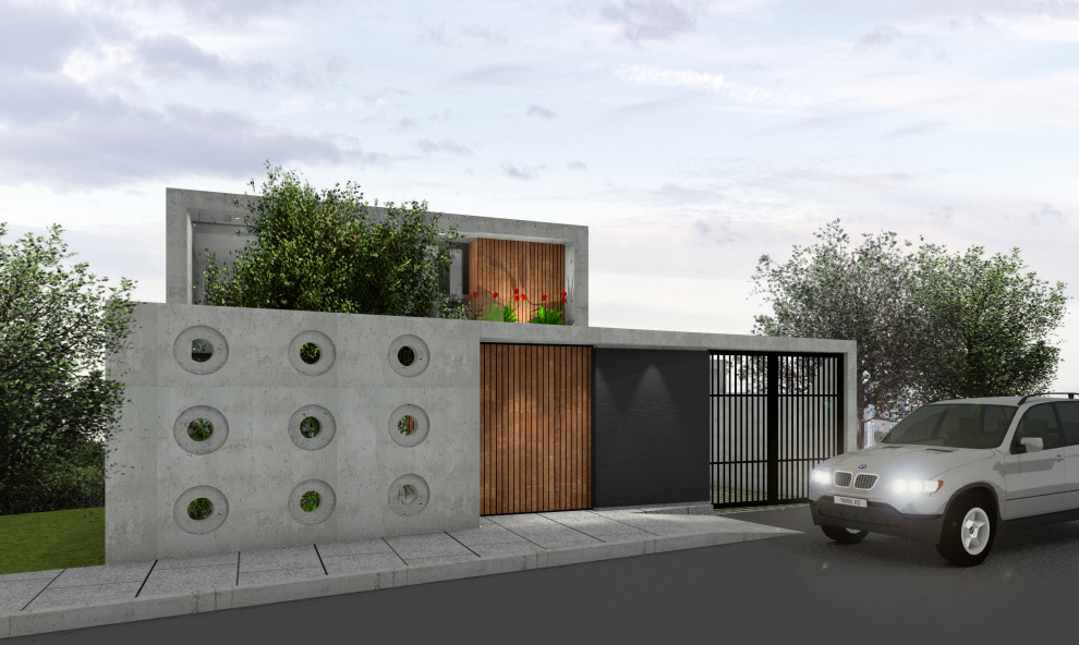 Idéer för ett litet modernt grått hus, med två våningar, platt tak och tak i mixade material