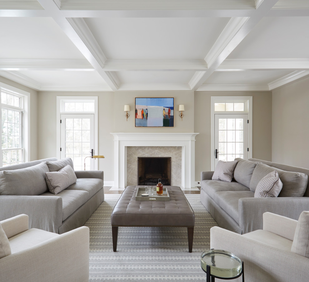 Design ideas for a large transitional open concept living room in Chicago with beige walls, medium hardwood floors, a standard fireplace, a stone fireplace surround, no tv, brown floor and coffered.