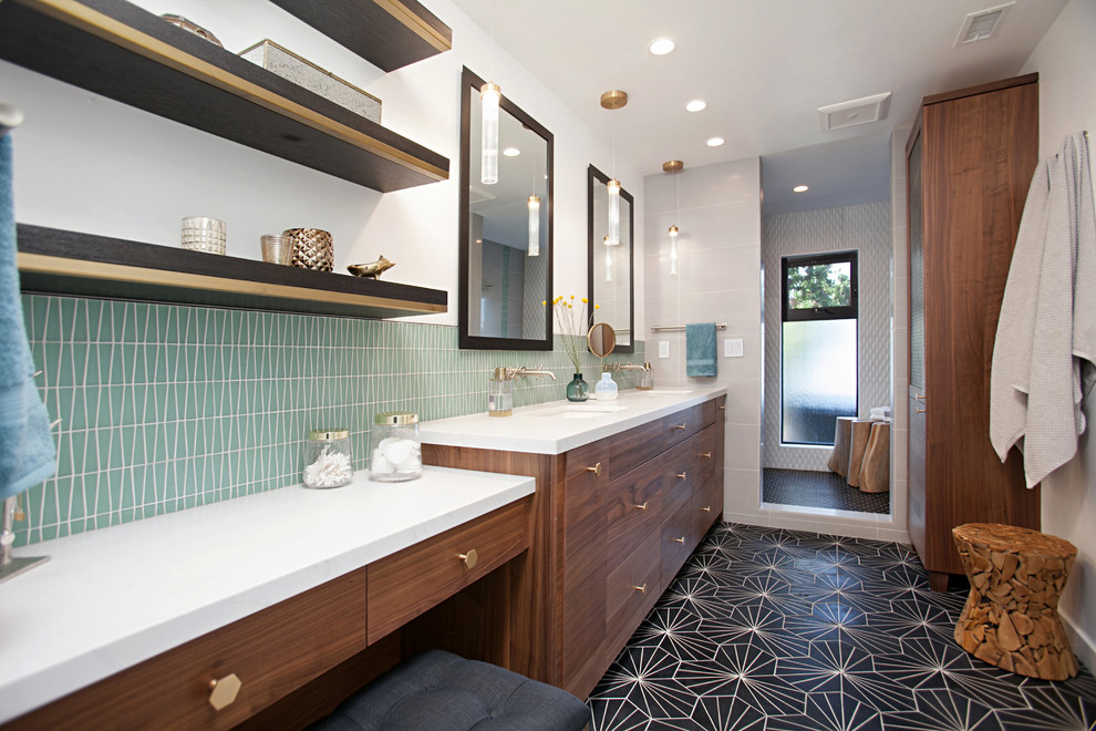 Photo of a contemporary master bathroom in San Diego with flat-panel cabinets, medium wood cabinets, an alcove shower, green tile, white tile, white walls, cement tiles, an undermount sink, black floor and an open shower.