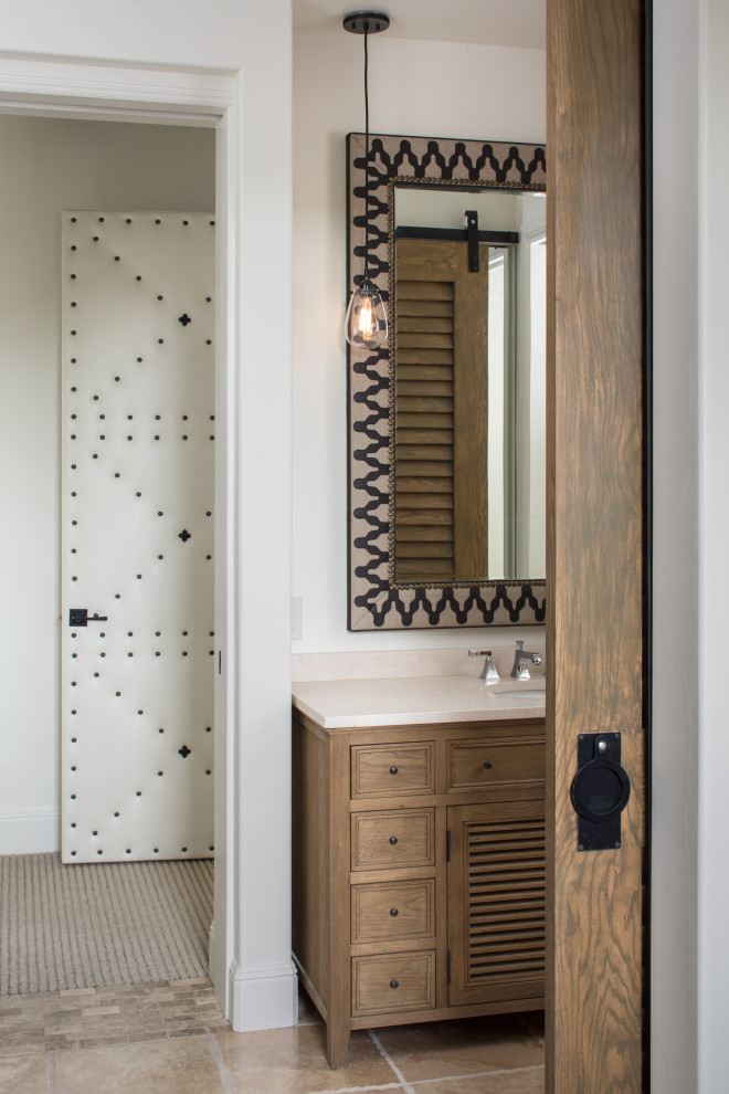 Mountain style master single-sink freestanding bathtub photo in Denver with medium tone wood cabinets, white walls and a freestanding vanity