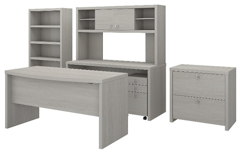 Echo Desk and Credenza Set with Hutch and Storage in Gray Sand Engineered Wood Transitional