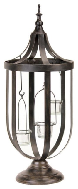 22" Decorative Antique-Style Bronze Birdcage Glass Votive Candle Holder