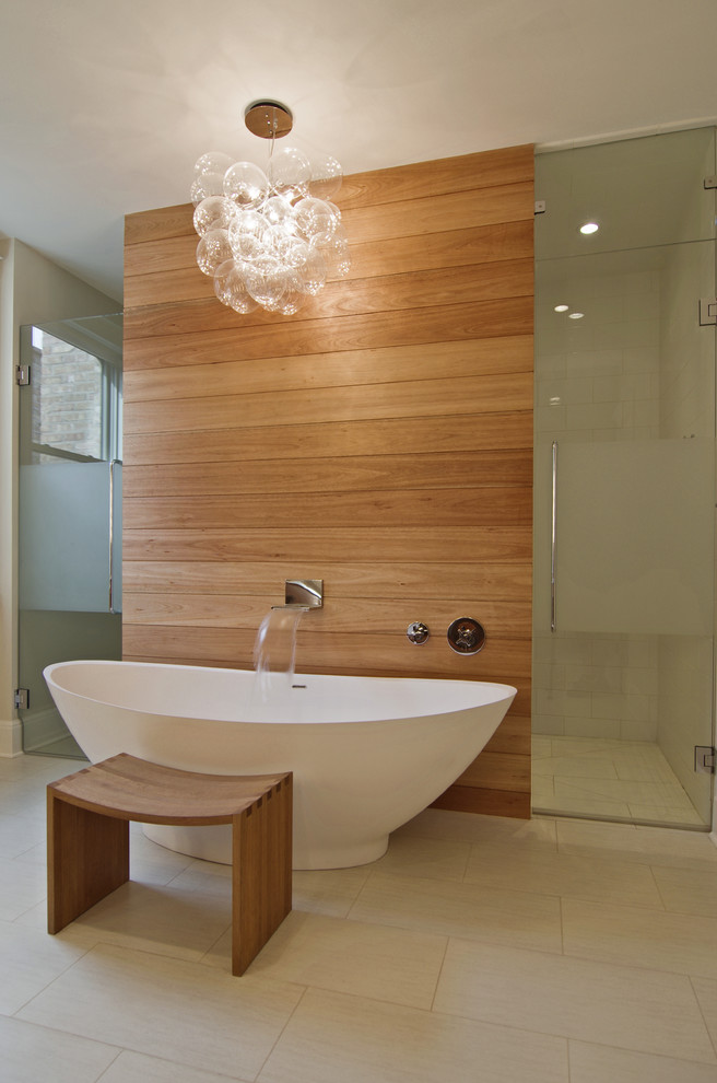 Design ideas for a contemporary bathroom in Chicago with a freestanding tub.