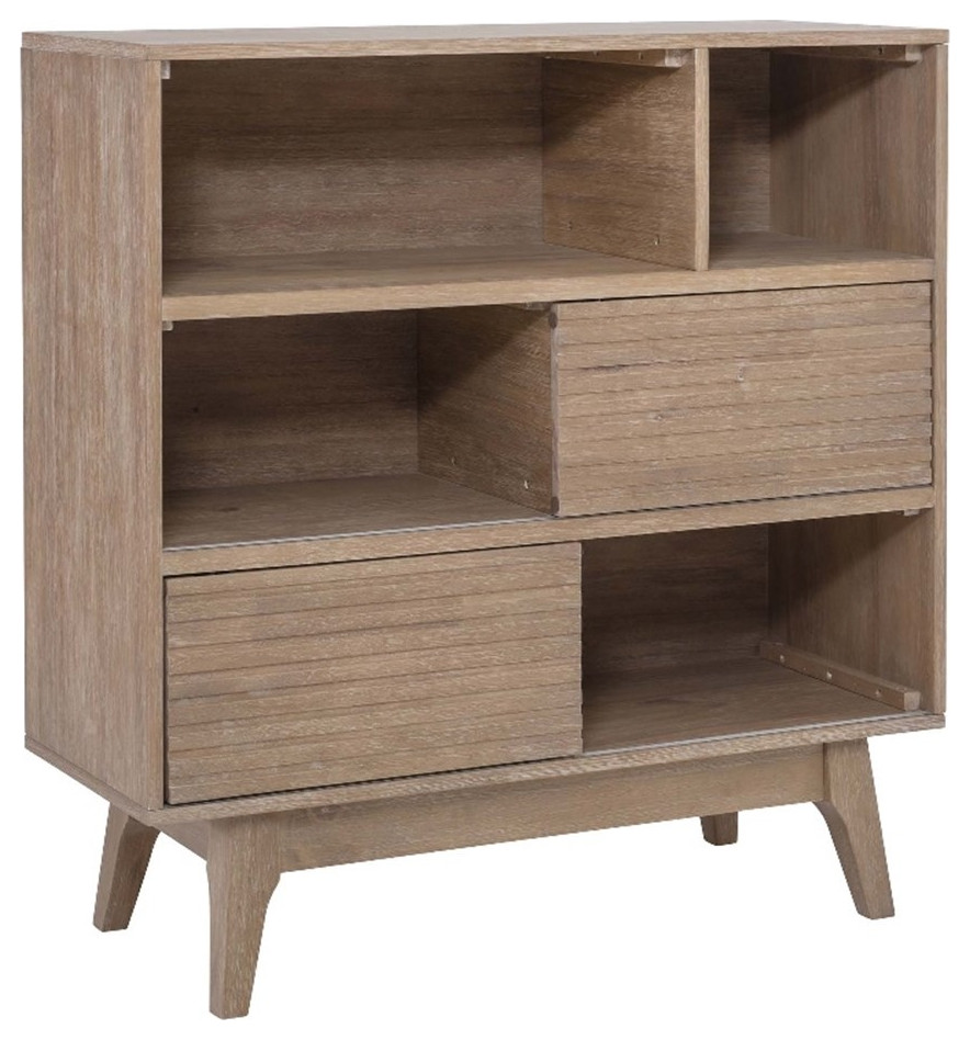 Linon Sway Bookcase 3 Open Shelves 2 Sliding Door Panels in Natural