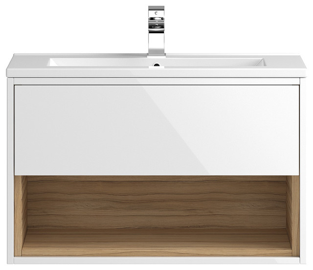 Wall-Mounted Bathroom Vanity Unit and Sink, Gloss White and Cocobolo, 81 cm
