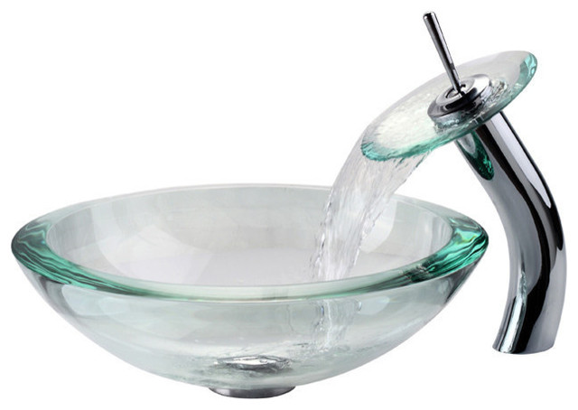 Kraus C-GV-150-19mm-10CH Clear 34mm edge Glass Vessel Sink and Waterfall Faucet