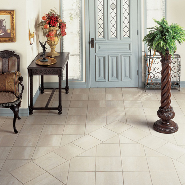 This is an example of a mid-sized traditional foyer in Other with beige walls, ceramic floors, a single front door, a blue front door and beige floor.