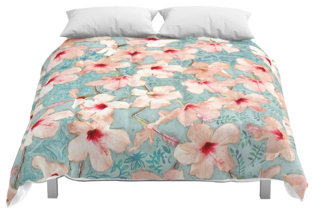 Society6 Shabby Chic Hibiscus Patchwork Pattern In Peac Comforter