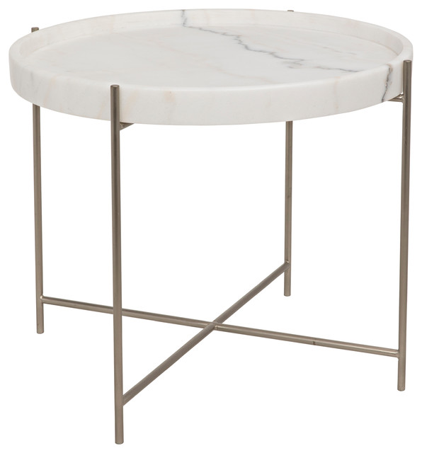Chuy Side Table, Antique Silver, Metal and Stone Contemporary Side