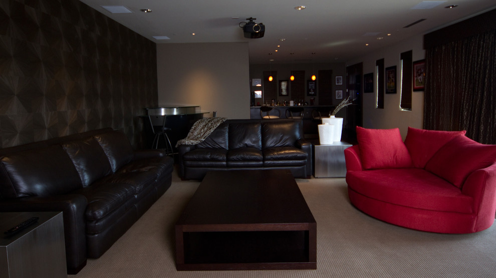 Large modern enclosed family room in Dallas with brown walls, carpet, no fireplace and no tv.