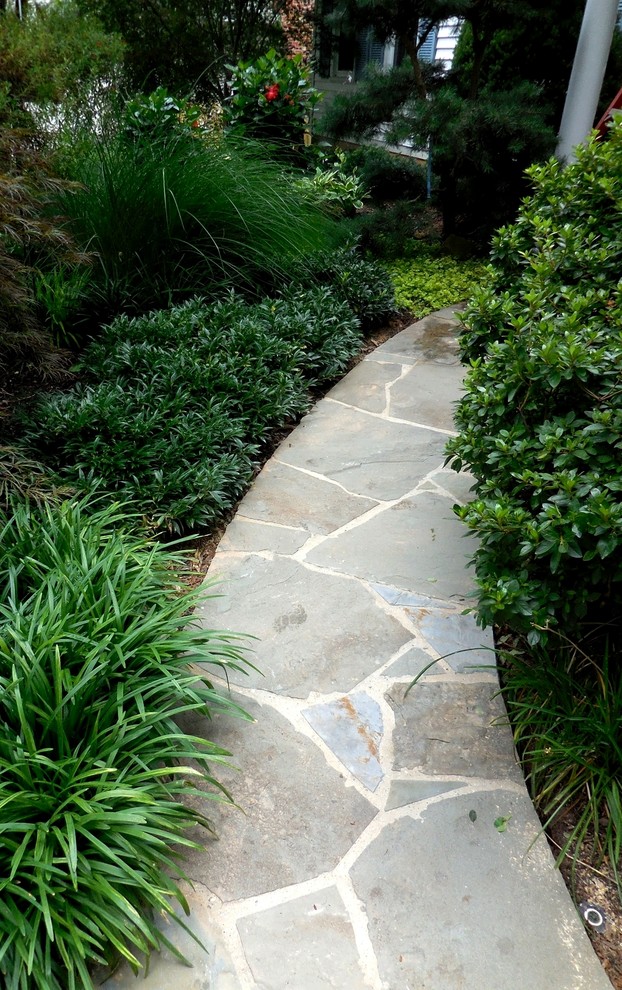 Design ideas for a small traditional front yard partial sun garden in DC Metro with a garden path and natural stone pavers.