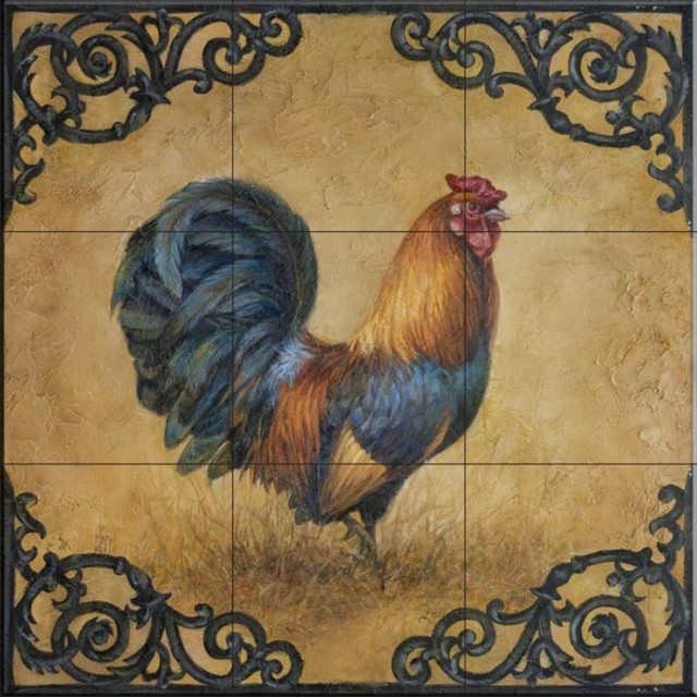 Tile Mural, Rustic Rooster Square by Laurie Snow Hein
