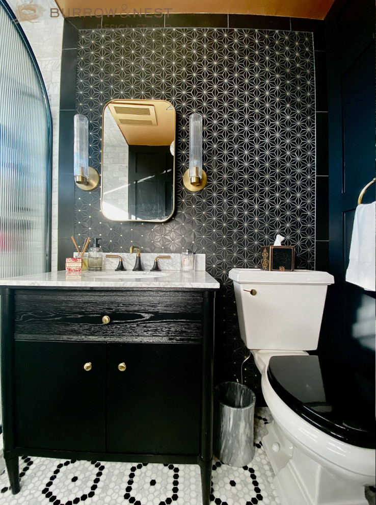 Inspiration for a mid-sized traditional bathroom in Providence with flat-panel cabinets, black cabinets, an open shower, a two-piece toilet, black tile, marble, black walls, marble floors, an undermount sink, marble benchtops, multi-coloured floor, an open shower, white benchtops, a shower seat, a single vanity, a freestanding vanity and panelled walls.