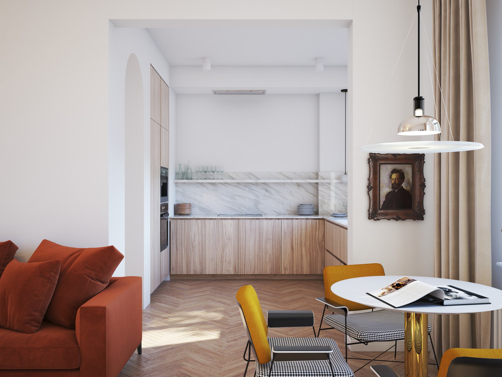 Design d'intérieur pour l'appartement d'un jeune couple dans un immeuble à étage
