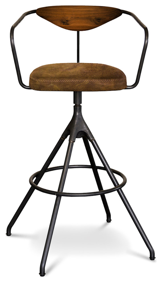 Akron Bar Stool in Leather and Cast Iron Base Industrial Bar Stools