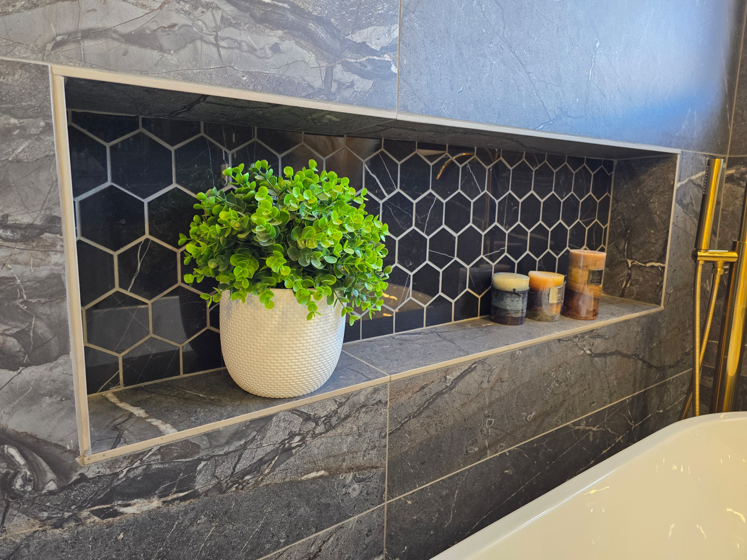 Main Bath full remodeling with custom vanity, freestanding tub & walk-in shower