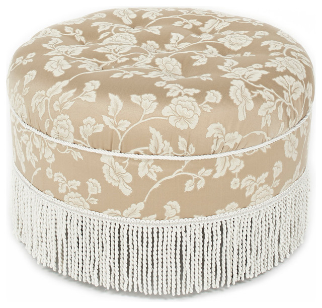 Yolanda Round Tufted Bullion Fringe Ottoman, Champagne Beige Jacquard ...